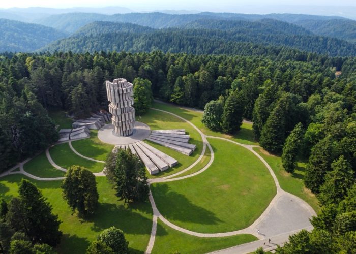 Monument to the Revolution, aerial drone view. Mrakovica, Kozara, Bosnia and Herzegovina. World War II Memorial and museum. Architecture.