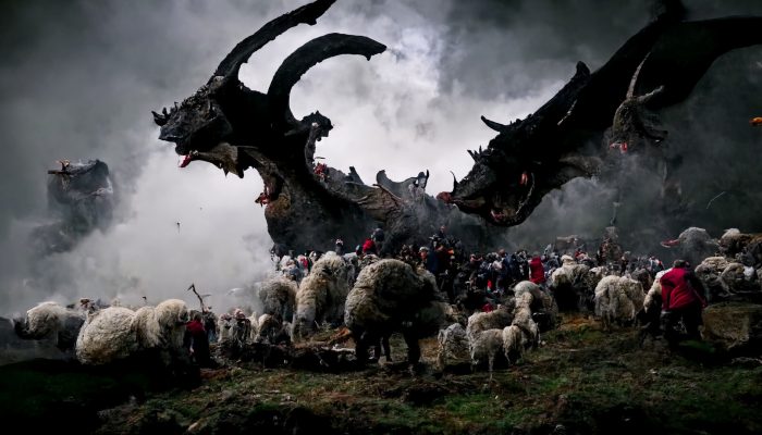petar-milivojevic-2af22497-9785-4d72-ad1e-f13c046bd603-petarmilivojevic-huge-giant-pagan-medieval-dragon-eating-wracking-havoc-on-army-of-sheeps-in-a-pagan-rocky-village-em