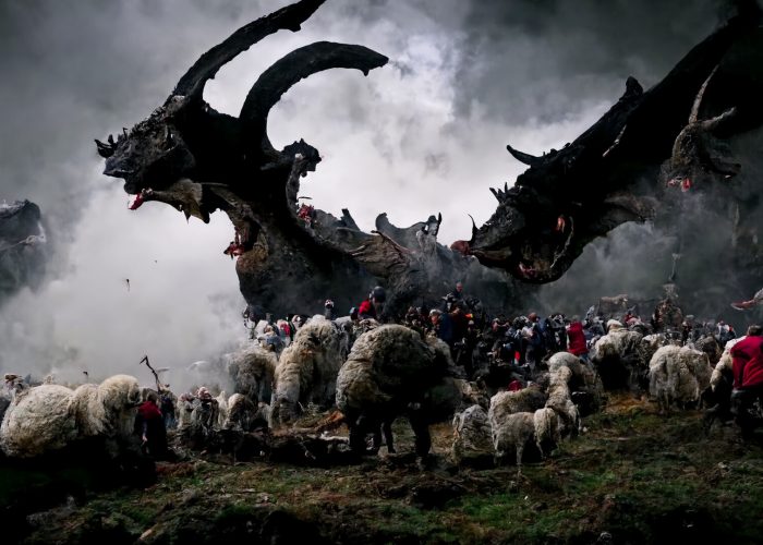 petar-milivojevic-2af22497-9785-4d72-ad1e-f13c046bd603-petarmilivojevic-huge-giant-pagan-medieval-dragon-eating-wracking-havoc-on-army-of-sheeps-in-a-pagan-rocky-village-em