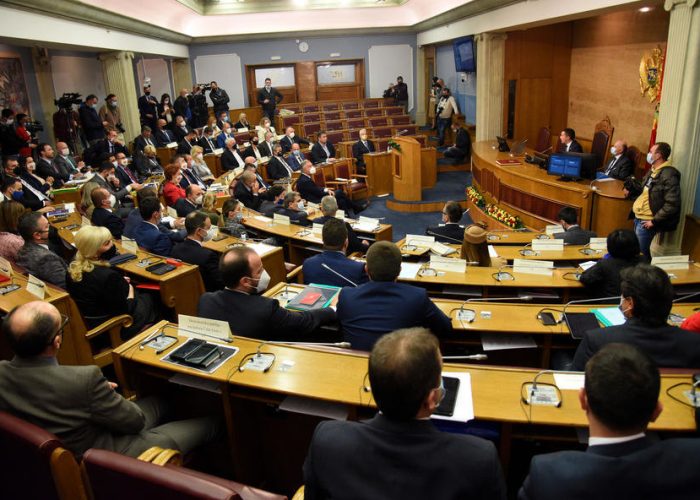 epa08857315 Montenegro's Prime Minister-designate Zdravko Krivokapic delivers his plan for a new government to members of parliament in Podgorica, Montenegro, 02 December 2020. After the parliamentary elections on 30 August 2020, the ruling pro-Serb alliance 'For the Future of Montenegro', Civic Movement United Reform Action and coalitions 'Black or white' won the political mandate taking 41 out of the 81seats in the parliament.  EPA-EFE/BORIS PEJOVIC
