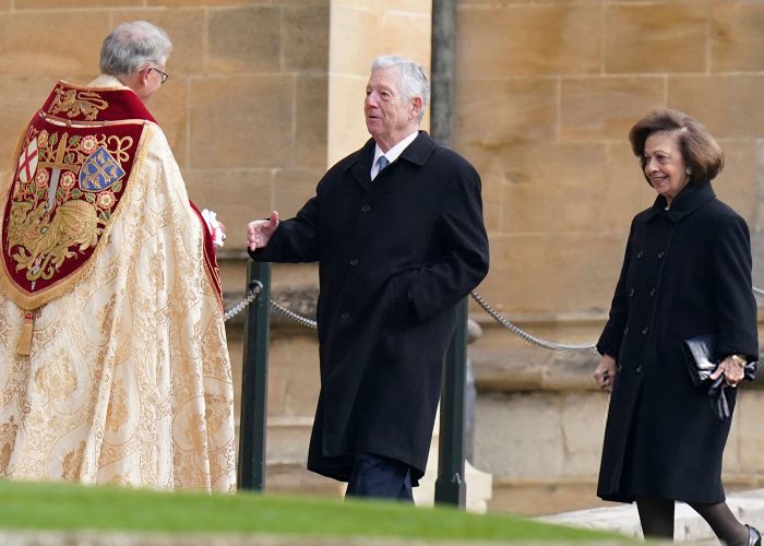 WINDSOR, ENGLAND - FEBRUARY 27: Crown Prince Alexander of Serbia and Crown Princess Katherine of Serbia attend the Thanksgiving Service for King Constantine of the Hellenes at St George's Chapel on February 27, 2024 in Windsor, England. Constantine II, Head of the Royal House of Greece, reigned as the last King of the Hellenes from 6 March 1964 to 1 June 1973, and died in Athens at the age of 82. (Photo by Andrew Matthews - WPA Pool/Getty Images)